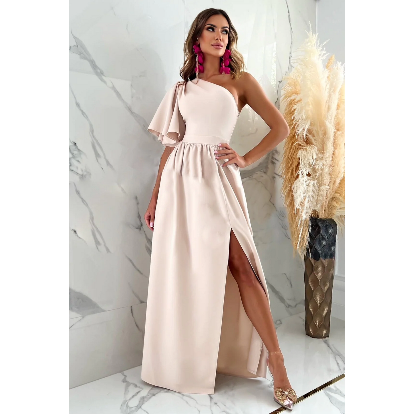 Women's One-Shoulder Maxi Dress – Elegant Evening Gown – High Slit – Flowing Skirt