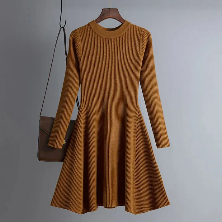 Women's Knitted Ribbed Mini Dress - Long Sleeve - Fitted A-Line Silhouette