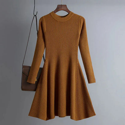 Women's Knitted Ribbed Mini Dress - Long Sleeve - Fitted A-Line Silhouette