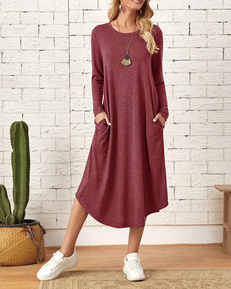 Women's Midi Dress - Loose Fit - Long Sleeve - Crew Neck Casual Wear