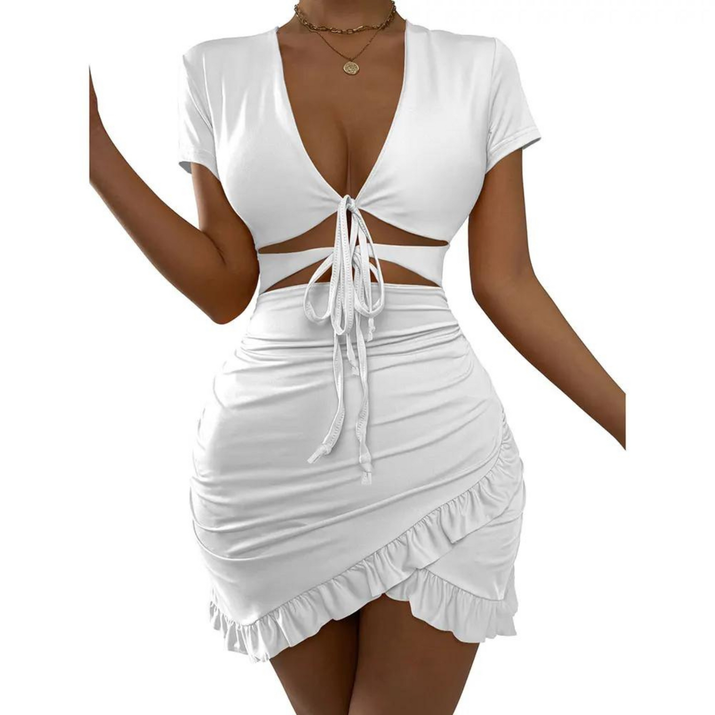 Women's Wrap Dress - Bodycon Fit - V-Neck - Short Sleeve - Cut-Out Waist with Ties