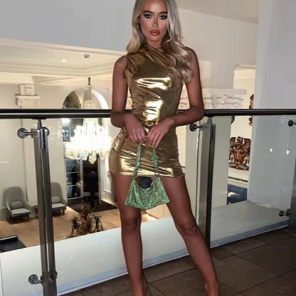 Women's One-Shoulder Mini Dress - Metallic Finish - Bodycon Partywear