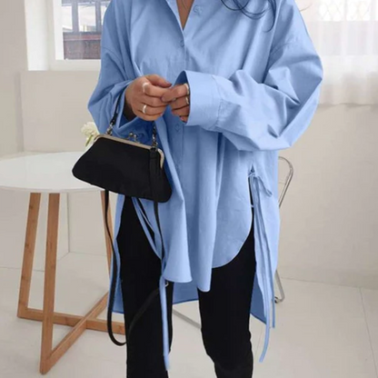 Women's Oversized Shirt - Cotton Blend - Button-Down - Long Sleeve - Asymmetrical Hem