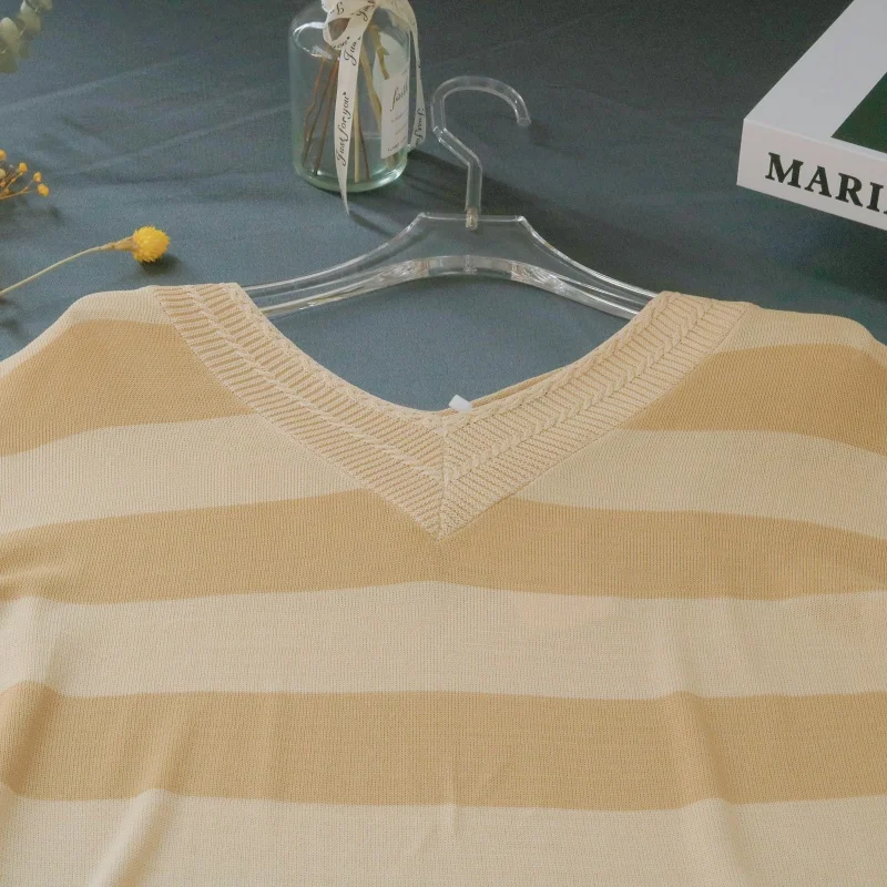 Trendy striped women's sweater with loose fit v-neck design