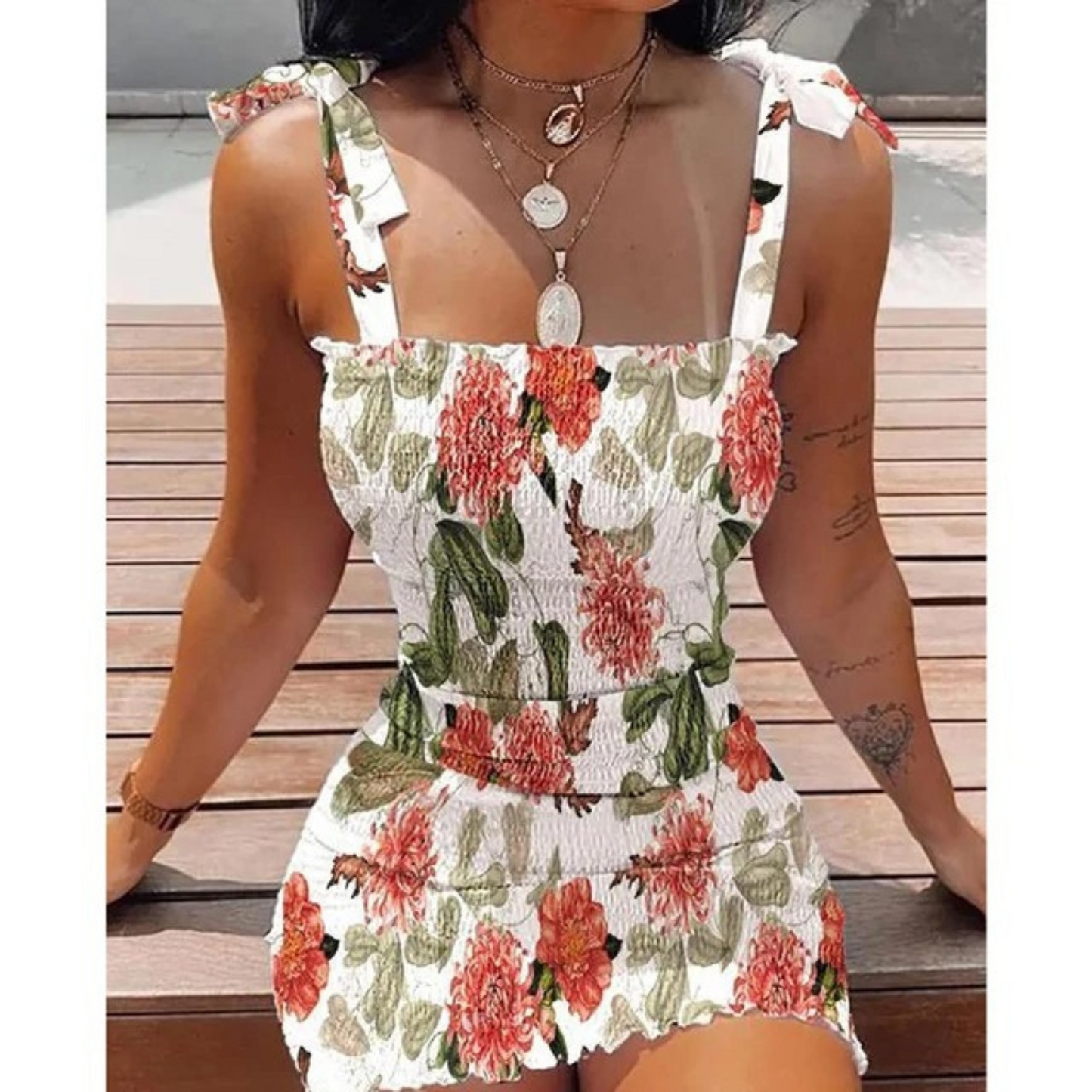 Women's Mini Dress - Floral Print - Smocked Bodice - Adjustable Tie Straps - Bodycon Fit