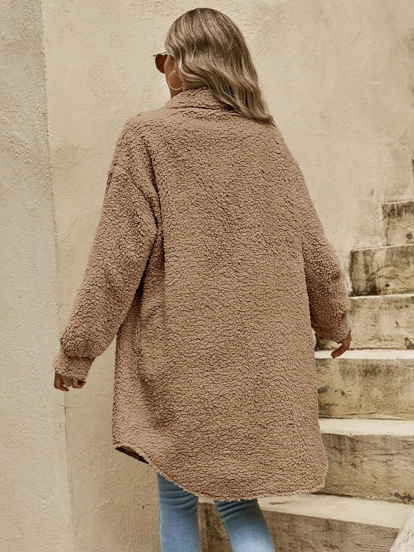 Women’s Teddy Coat - Sherpa Fleece - Oversized Fit - Button Front - Longline Casual Style