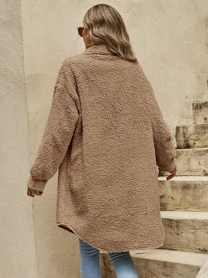 Women’s Teddy Coat - Sherpa Fleece - Oversized Fit - Button Front - Longline Casual Style