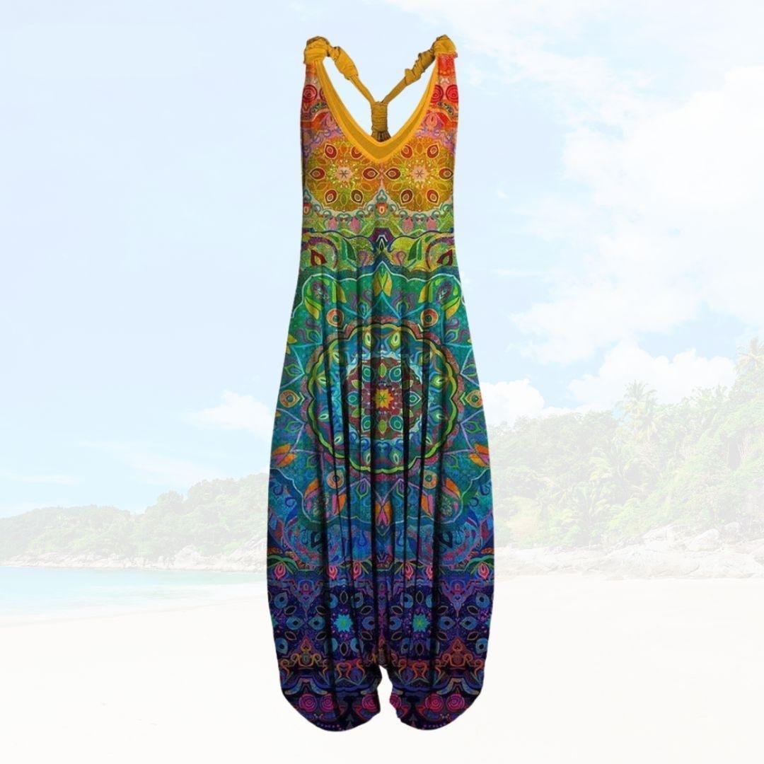 Women’s Jumpsuit – Relaxed Fit – Sleeveless – Low V-Neck – Breathable Blend – Full Length