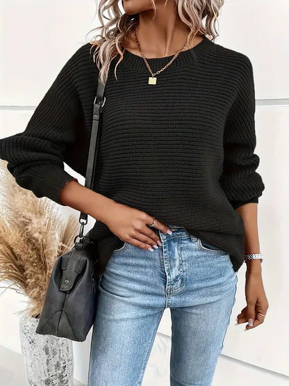 Women's elegant round neck sweater with batwing sleeves