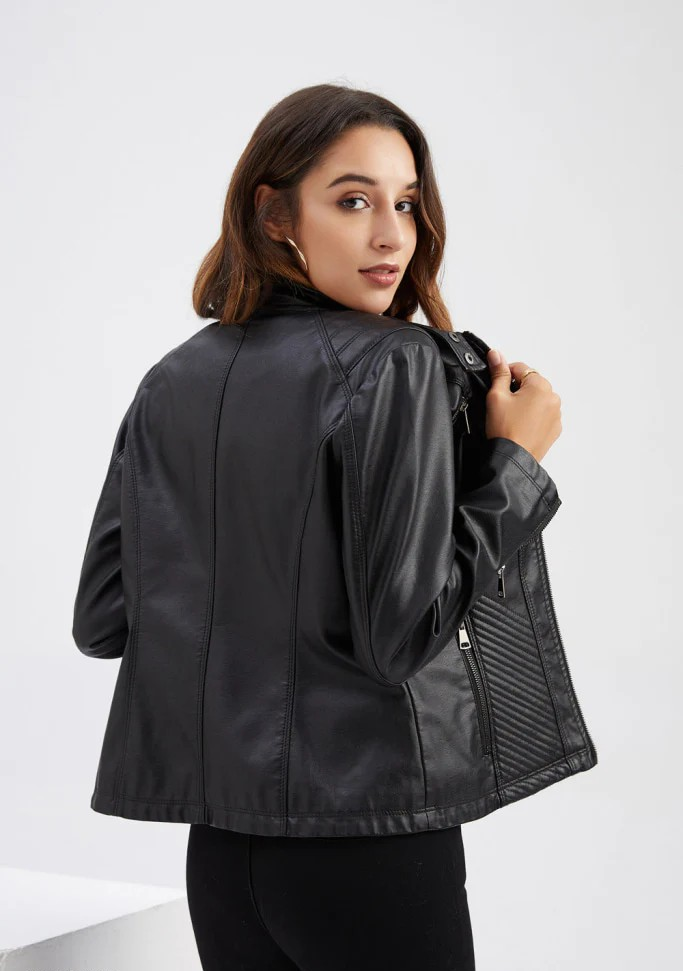 Women's casual faux leather stand-up collar jacket