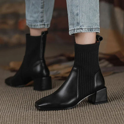Women's square toe martin boots with elastic knitted socks