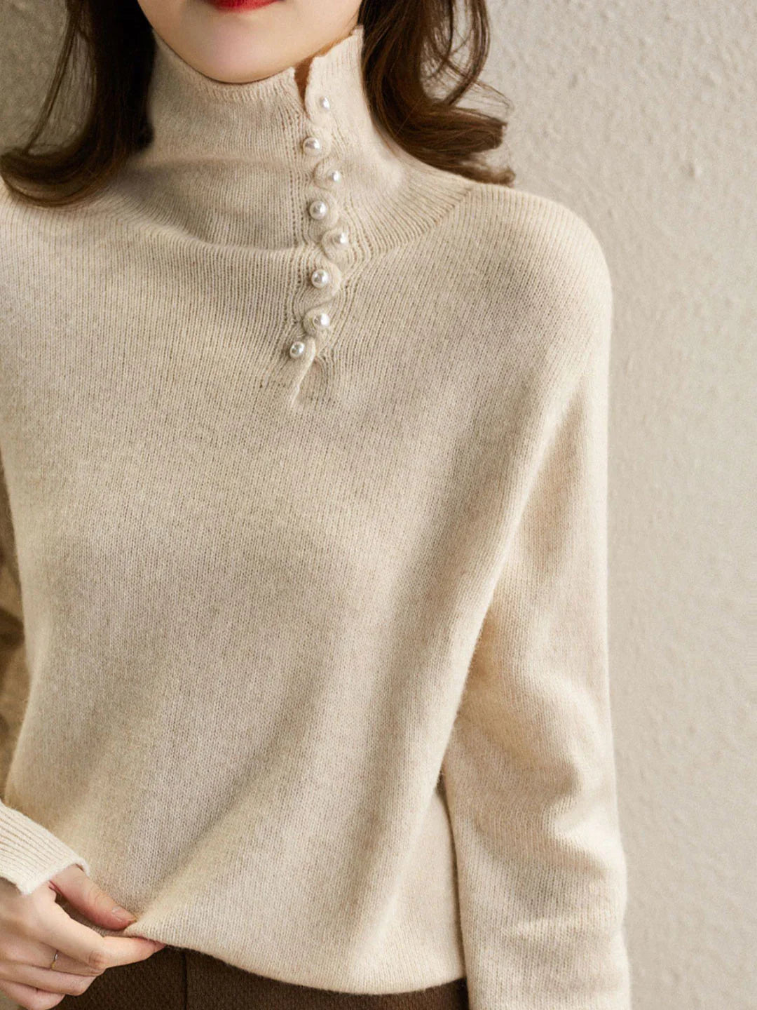Women's Sweater - High Neck with Ornamental Buttons - Long Sleeve - Relaxed Fit