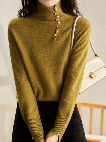 Women’s Turtleneck Sweater – Soft Knit – Long Sleeve – Pearl Button Detail – Ribbed Cuffs