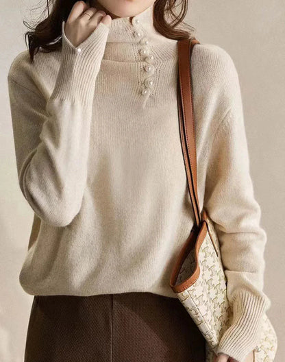 Women's Sweater - High Neck with Ornamental Buttons - Long Sleeve - Relaxed Fit