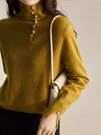 Women’s Turtleneck Sweater – Soft Knit – Long Sleeve – Pearl Button Detail – Ribbed Cuffs