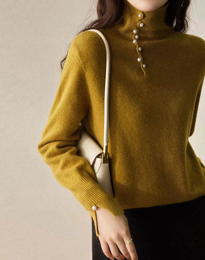 Women’s Turtleneck Sweater – Soft Knit – Long Sleeve – Pearl Button Detail – Ribbed Cuffs