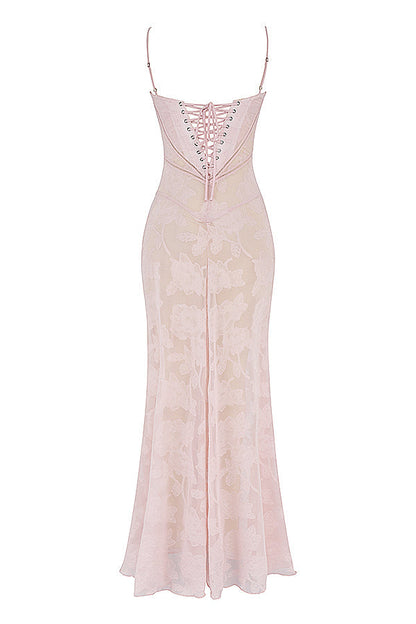 Women's Evening Gown - Floral Sheer Overlay - Spaghetti Straps - Sweetheart Neckline
