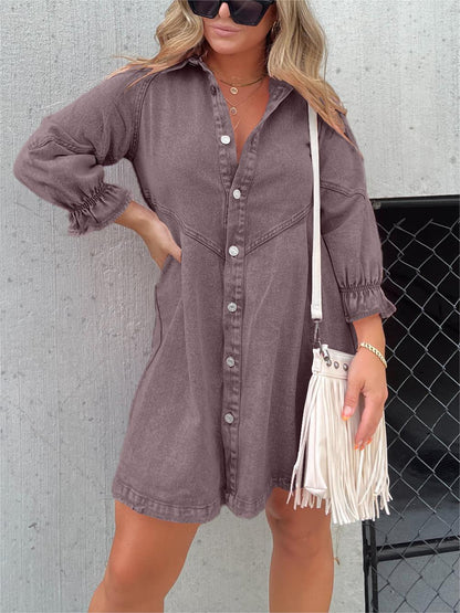 Women's Denim Shirt Dress - Button Down - Long Puff Sleeves - Relaxed Fit