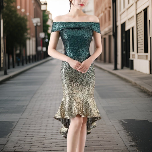 Sequin Ruffle Hem Off-Shoulder Cocktail Dress