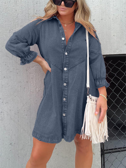 Women's Denim Shirt Dress - Button Down - Long Puff Sleeves - Relaxed Fit