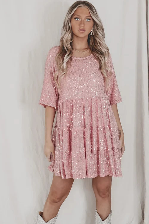 Sequin Detail Loose Fit Tiered Dress