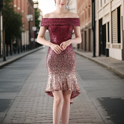 Women's Off-Shoulder Sequin Cocktail Dress - Bodycon Fit - High-Low Ruffle Hem