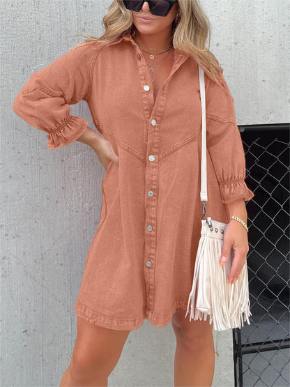Women's Denim Shirt Dress - Button Down - Long Puff Sleeves - Relaxed Fit