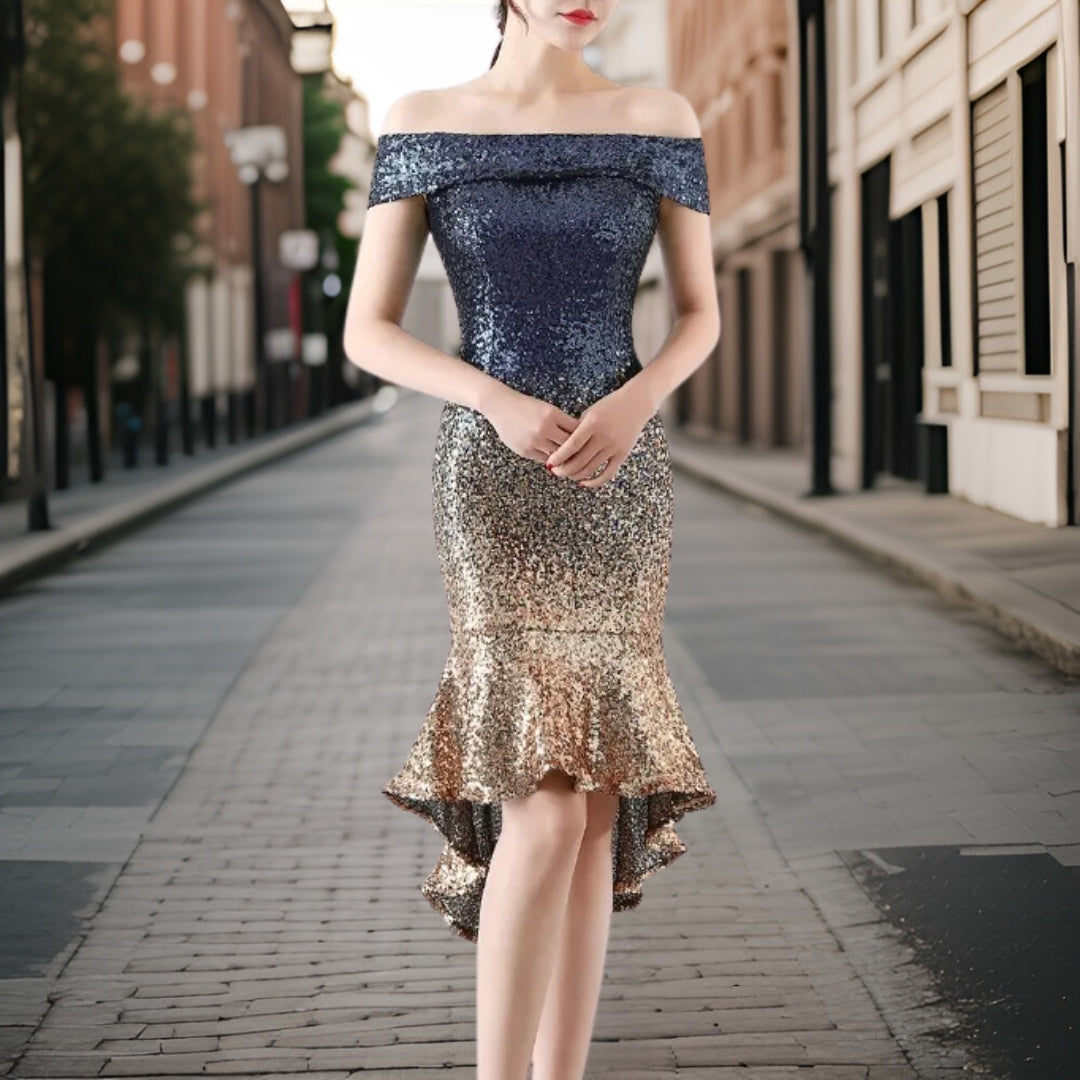 Sequin Ruffle Hem Off-Shoulder Cocktail Dress