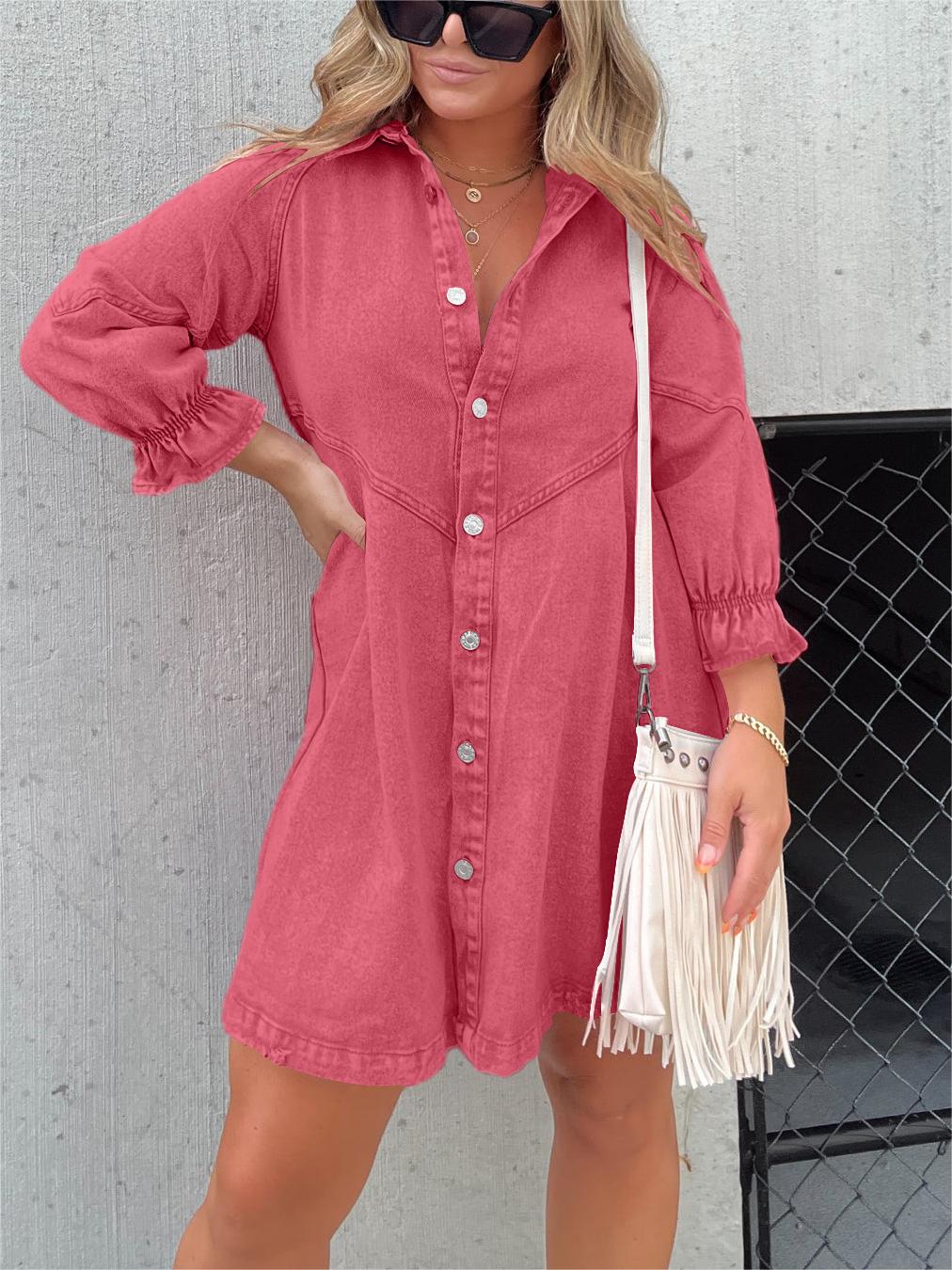 Women's Denim Shirt Dress - Button Down - Long Puff Sleeves - Relaxed Fit