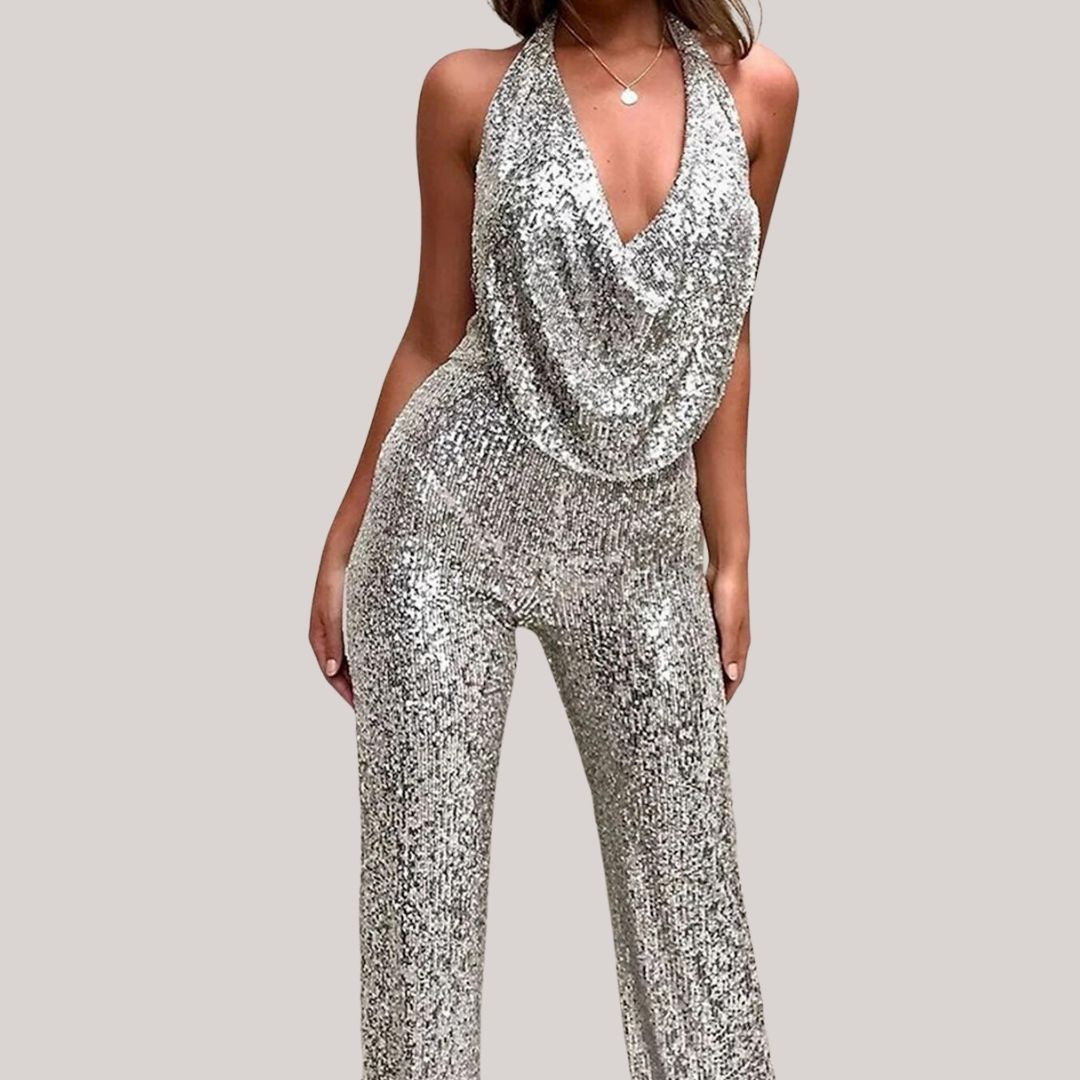 Women's Sequin Jumpsuit - Sleeveless Cowl Neck - Fitted Silhouette - Flared Leg