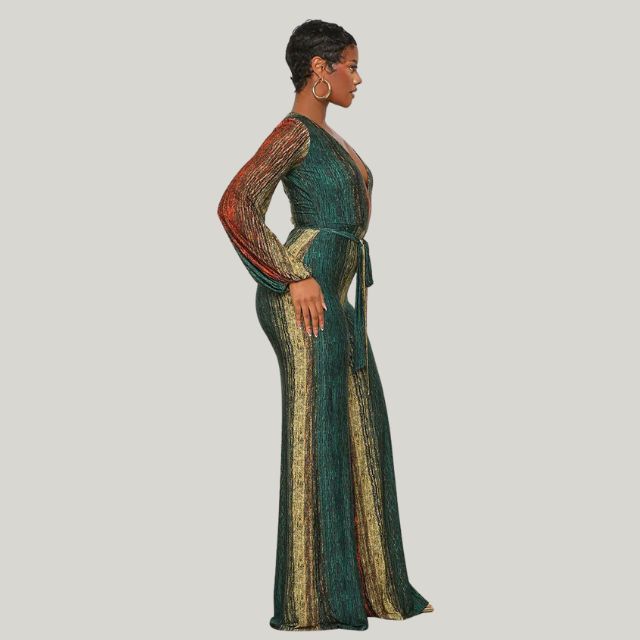 Metallic Pleated Wide Leg Jumpsuit With Belt