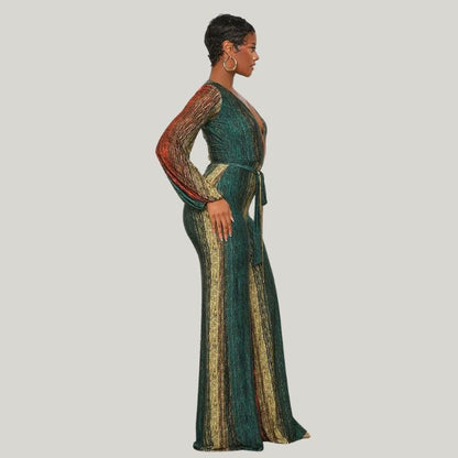 Women's Metallic Pleated Jumpsuit with Wide Legs and Belt