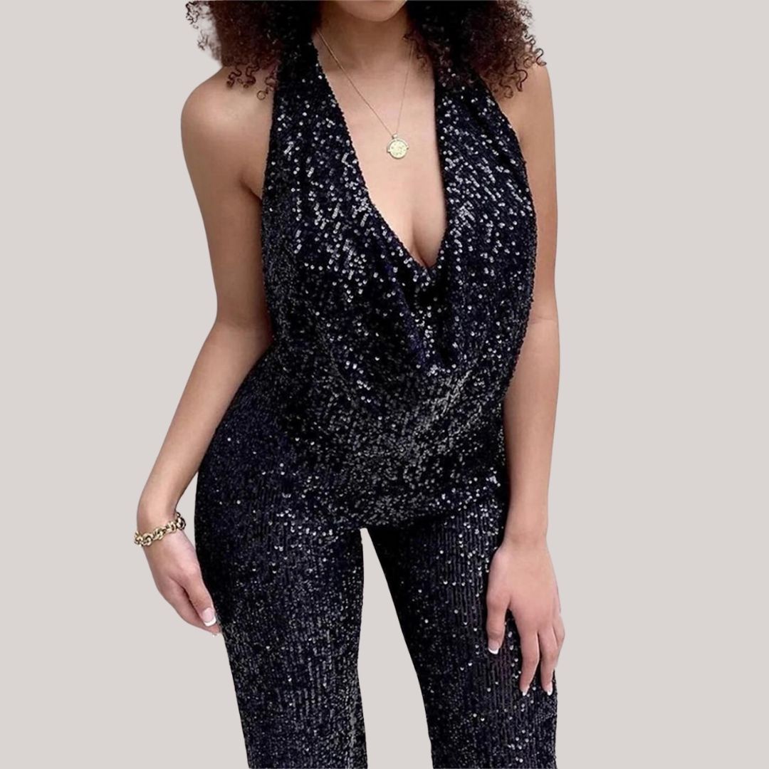 Women's Sequin Jumpsuit - Sleeveless Cowl Neck - Fitted Silhouette - Flared Leg