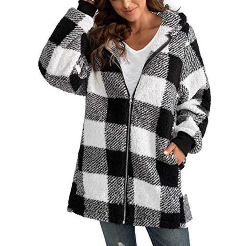 Women's mid-length zip-up hooded plaid jacket