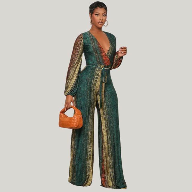 Metallic Pleated Wide Leg Jumpsuit With Belt
