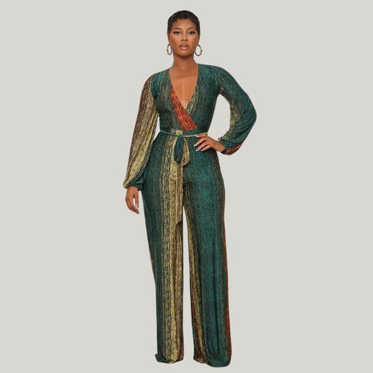 Metallic Pleated Wide Leg Jumpsuit With Belt