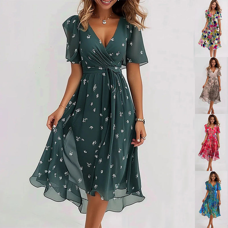 Women's A-Line Wrap Dress - Short Flutter Sleeve - V-Neck - Lightweight Elegant Fit