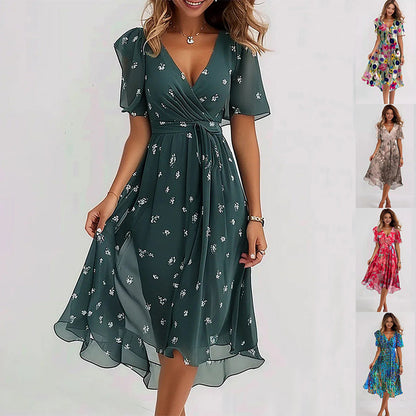 Women's A-Line Wrap Dress - Short Flutter Sleeve - V-Neck - Lightweight Elegant Fit