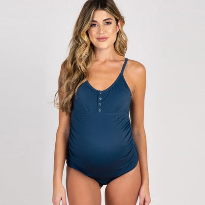 Women’s Maternity Swimsuit – Stretch Fit – Ribbed Texture – Button Front – Full Coverage
