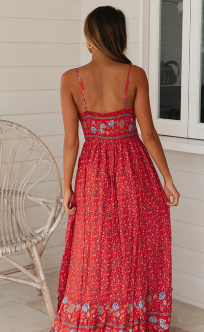 Women's Maxi Dress - Floral Print - V-Neck - Adjustable Spaghetti Straps - Flowy Fit