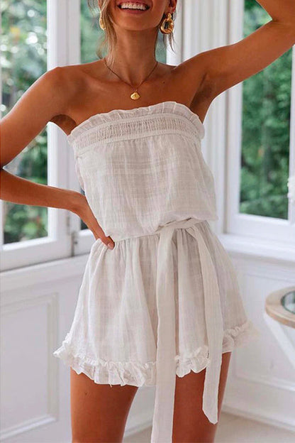 Women's Strapless Romper - Elastic Neckline - Tie Waist - Ruffled Hem - Lightweight