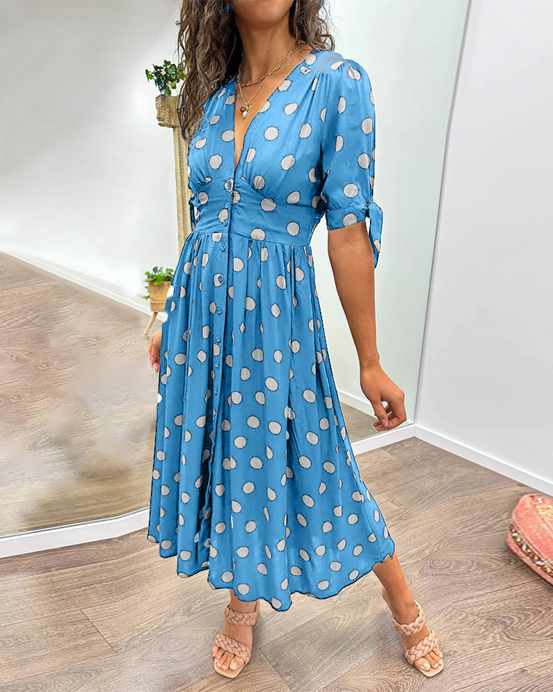 Women's Midi Dress - Fit and Flare - V-Neck - Short Sleeve with Tie Detail - Button Front