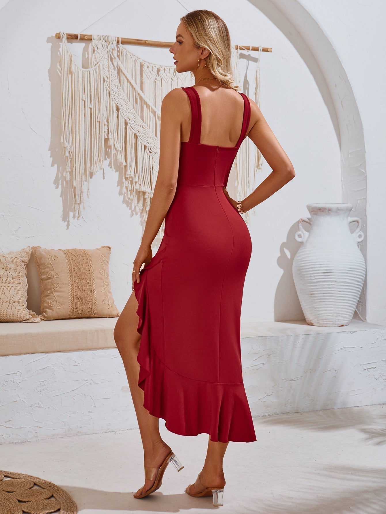 Asymmetrical Ruffle Fitted Waist Dress
