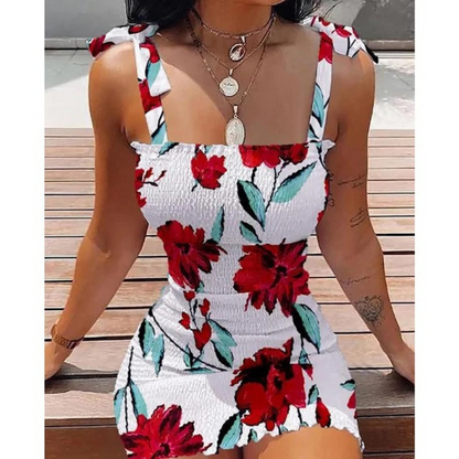 Women's Mini Dress - Floral Print - Smocked Bodice - Adjustable Tie Straps - Bodycon Fit