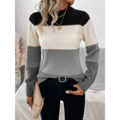 Women’s Pullover Sweater – Wool Knit – Regular Fit – Crew Neck – Striped Long Sleeve