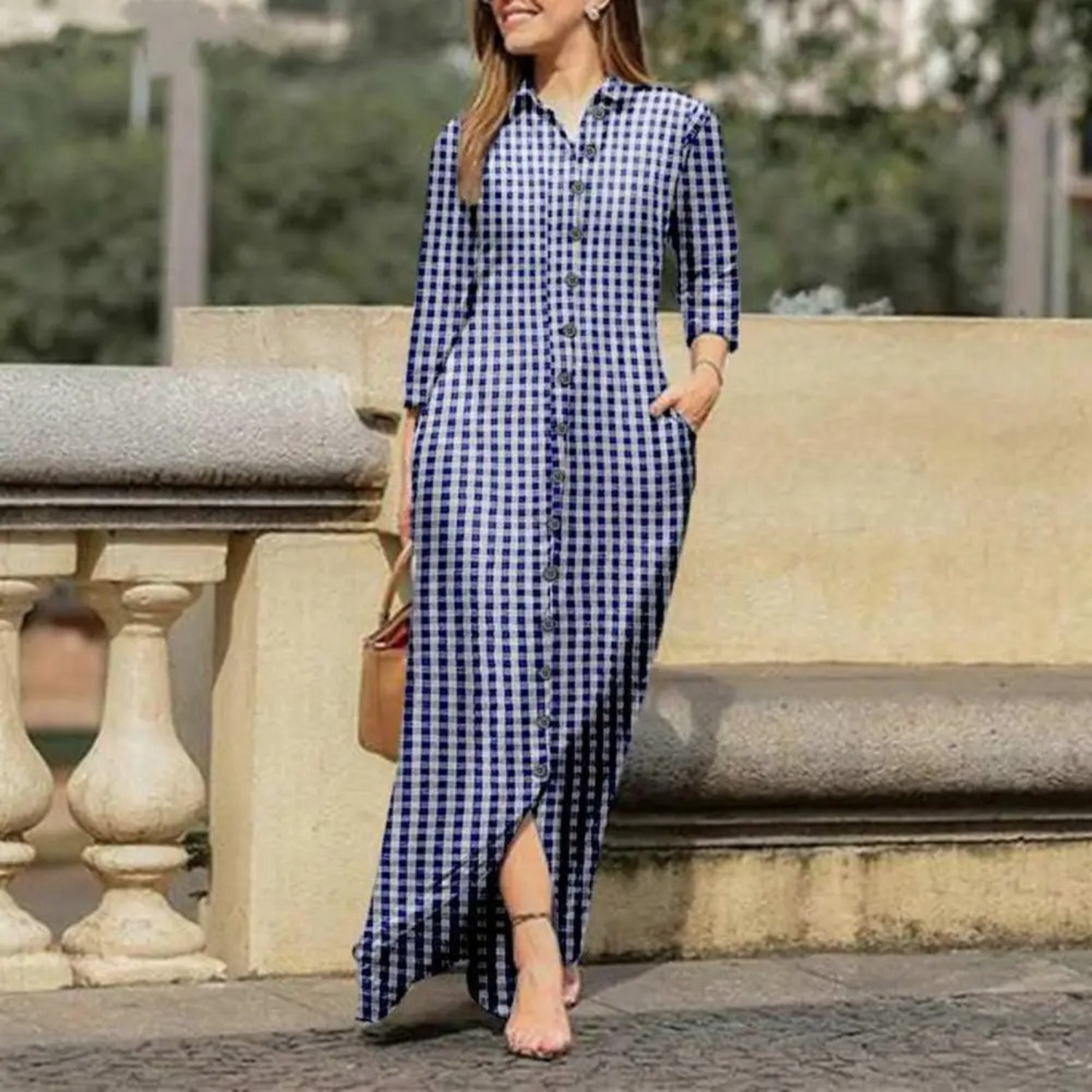 Lightweight Shirt Dress for Women with Check Collar and Buttons