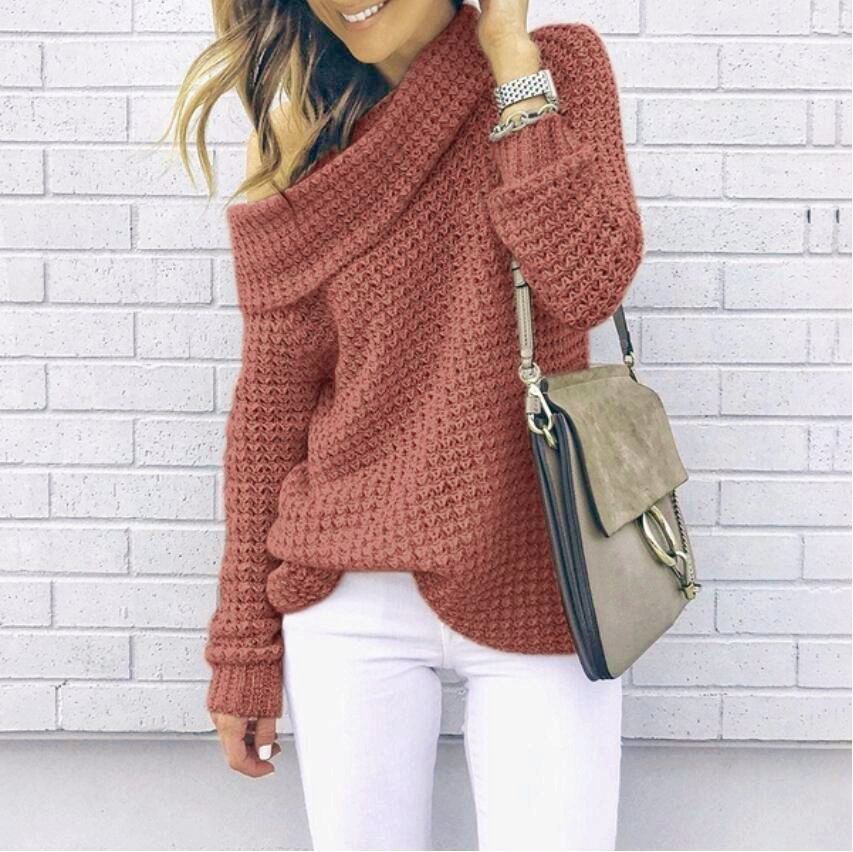 Women’s Sweatshirt – Oversized Relaxed Fit – Chunky Knit – Off-Shoulder Neckline