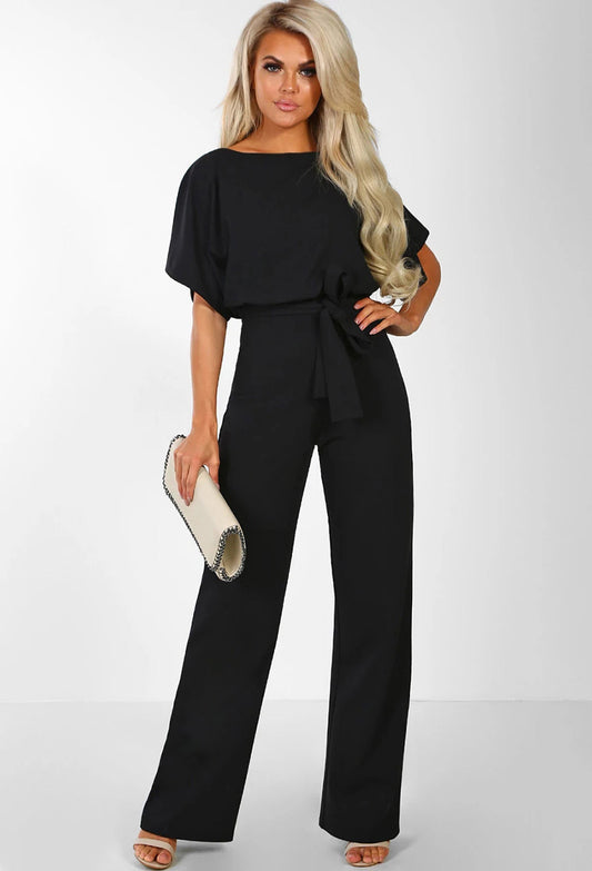 Belted Wide-Leg Bateau Neck Jumpsuit