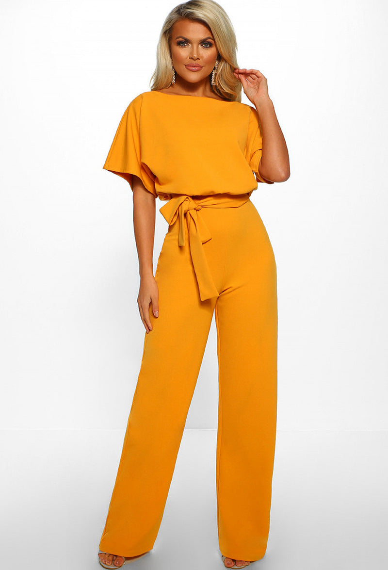 Belted Wide-Leg Bateau Neck Jumpsuit