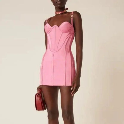 Women’s Mini Dress - Satin Bodycon - Corset Bodice - Sweetheart Neckline - Spaghetti Straps